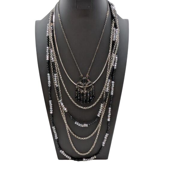 Lot of 3 Black & Metallic Beaded Silver Tone & Black Metal Layered Necklaces - Picture 9 of 9